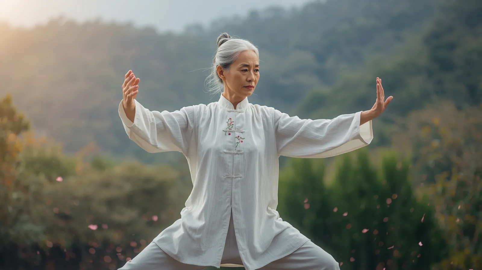 Senior practicing Fair Lady Works the Shuttle Tai Chi movement for balance and coordination