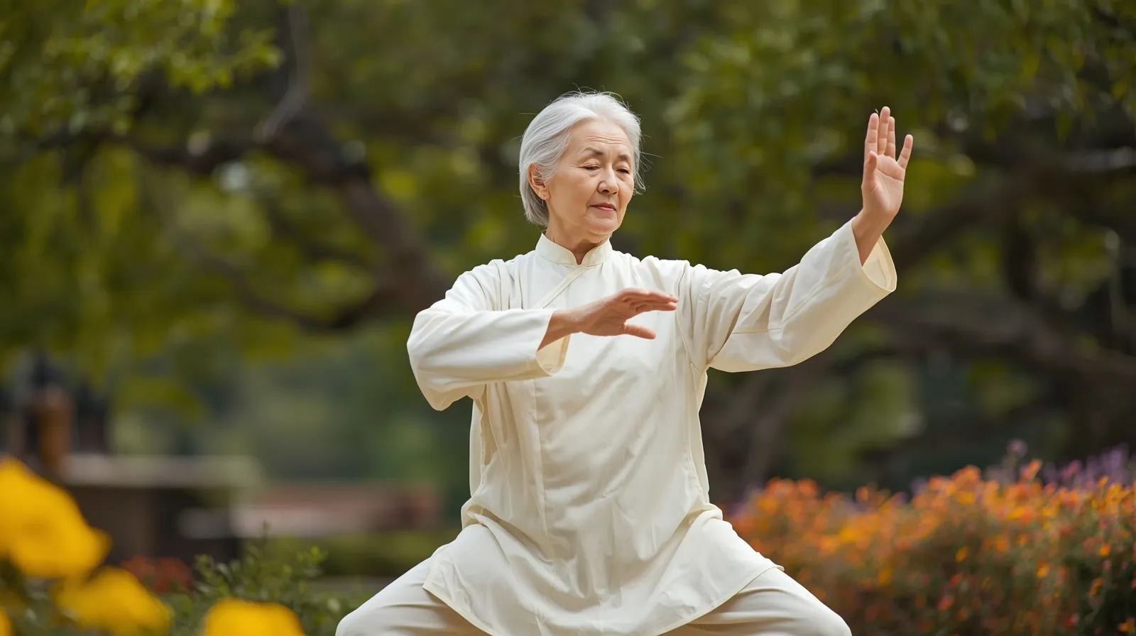 Senior practicing modified Snake Creeps Down Tai Chi movement safely