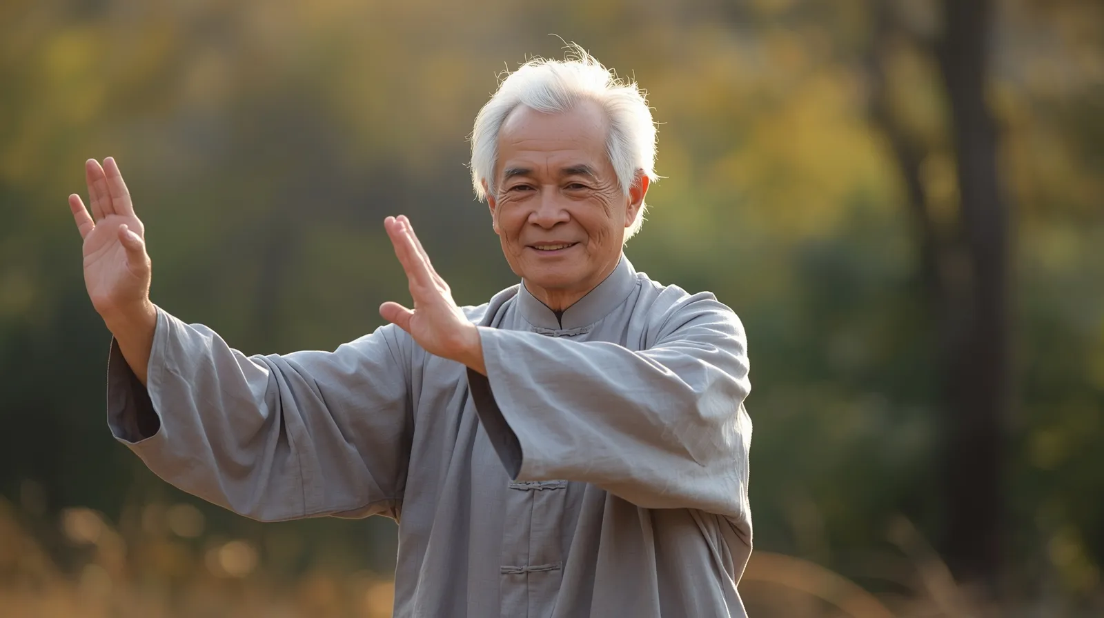 Senior practicing advanced Wave Hands Like Clouds Tai Chi movement for strength and flow