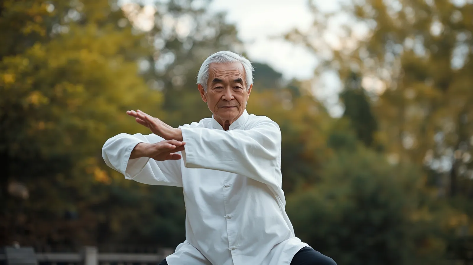 Senior practicing Repulse Monkey Tai Chi movement to improve balance and coordination