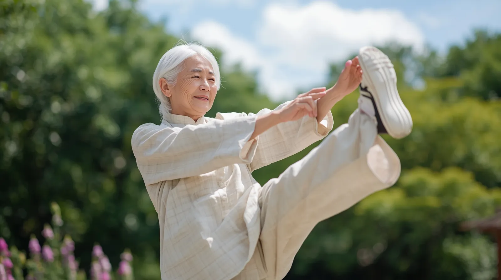 Senior practicing Tai Chi kick with heel using support for balance