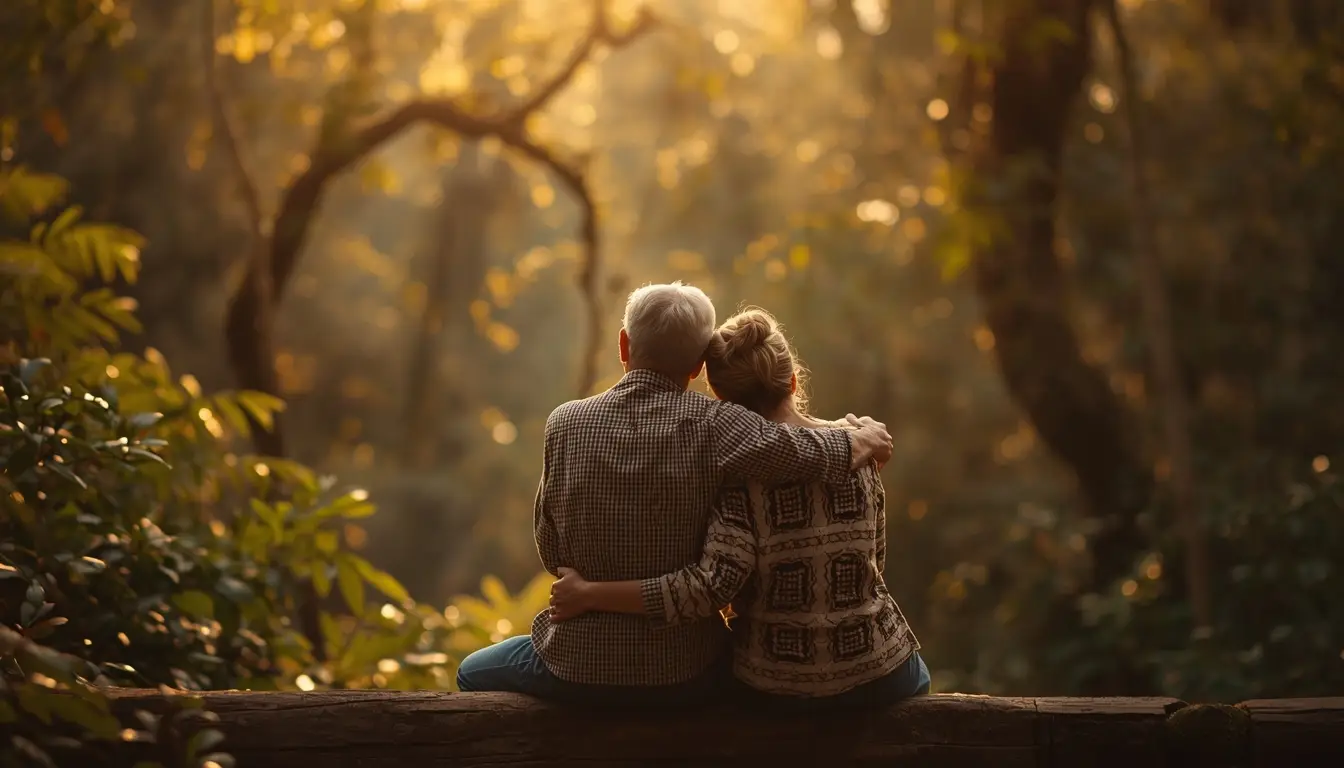 two people embracing gently in nature, resting together without effort or strain