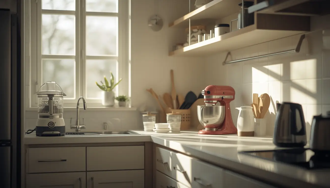 A calm kitchen with small machines resting quietly on the counter, supporting everyday cooking without drawing attention.
