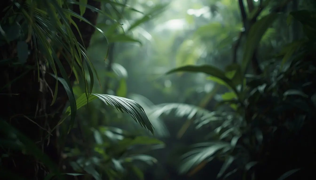 Soft green foliage in low, diffused light creating a calm, sheltered atmosphere