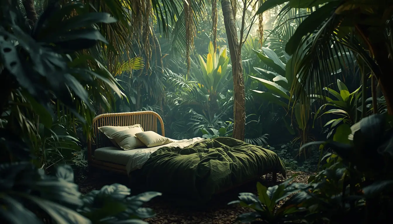 cozy bed surrounded by jungle creating a silent environment