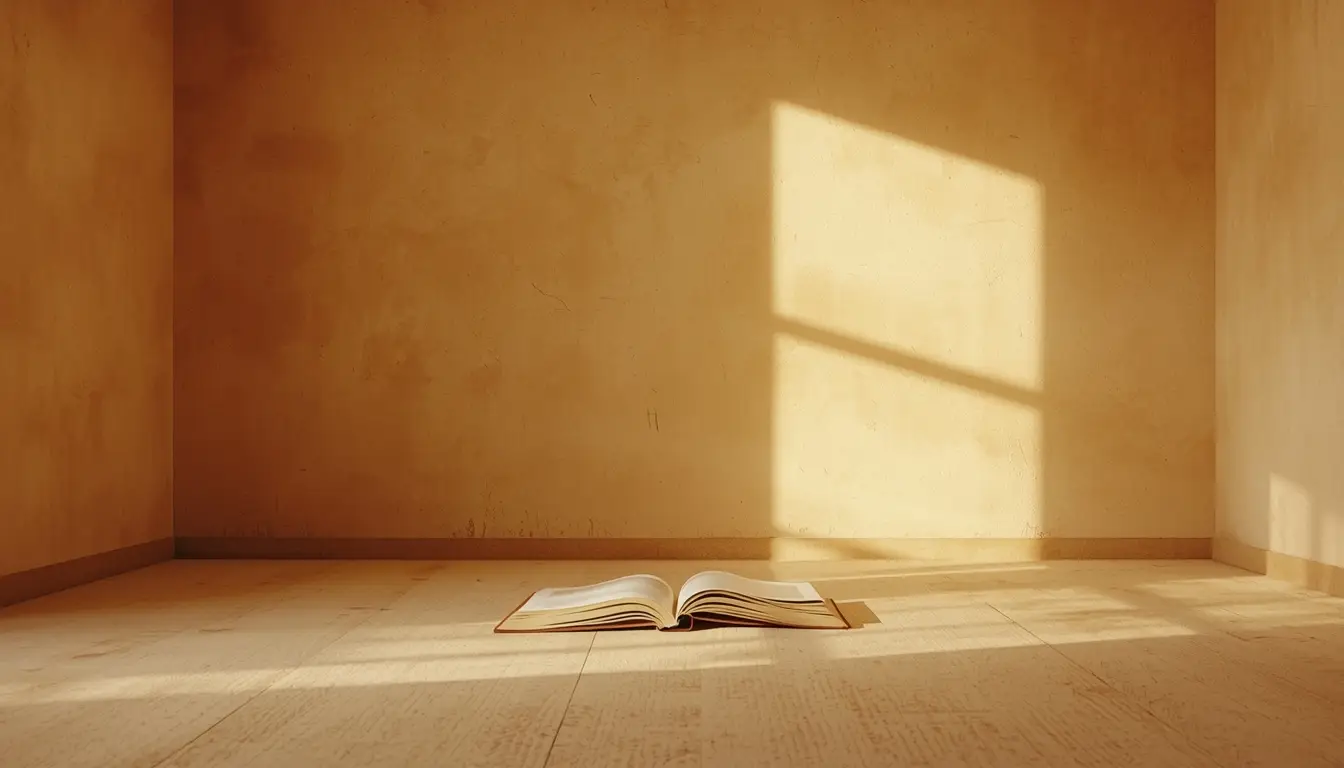 Warm quiet room with an open book resting on the floor, soft light falling across the surface, showing gentle contact without tension