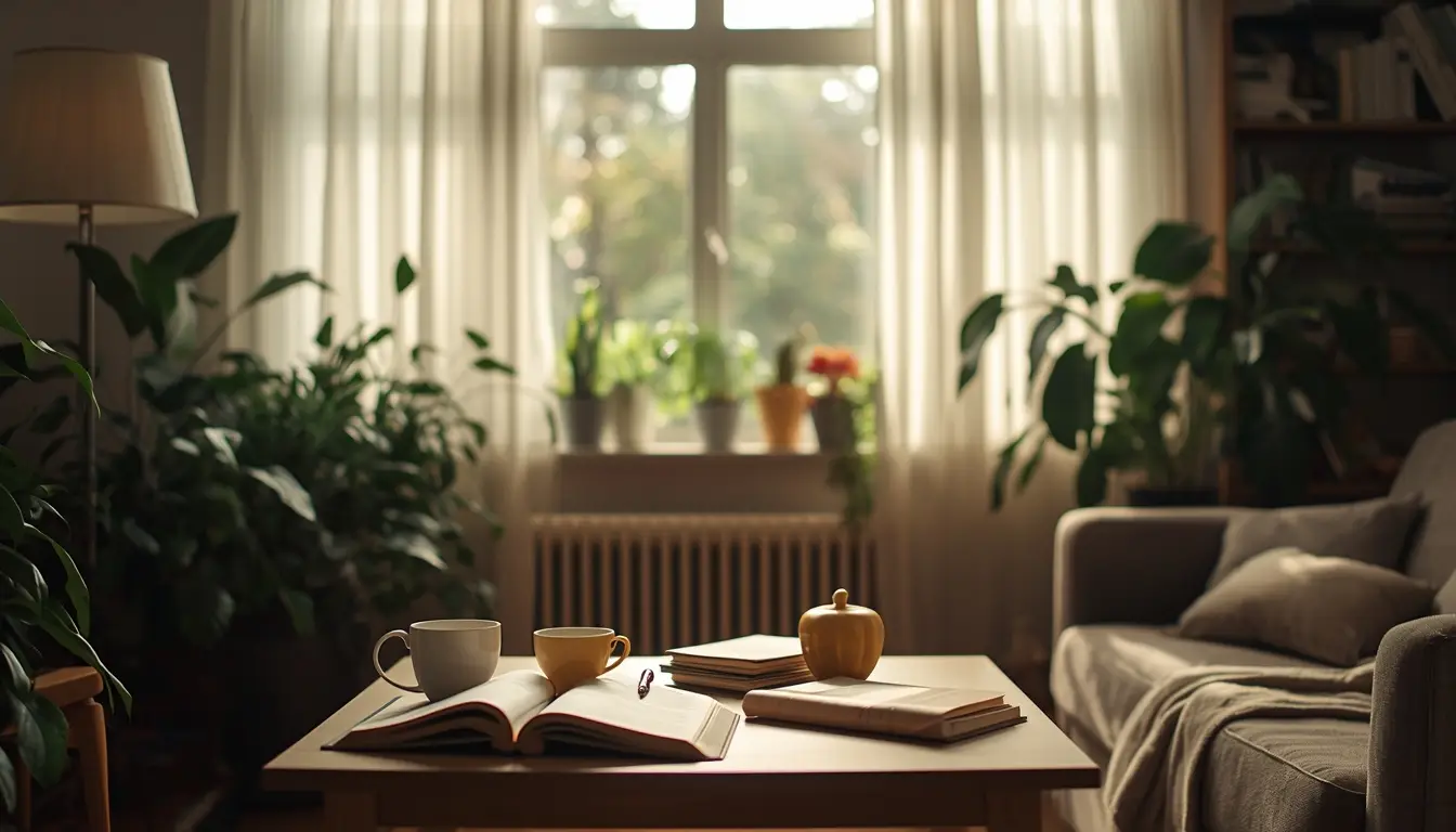 A warm home interior in daylight with plants, books, and cups on a table, showing everyday care and life continuing calmly