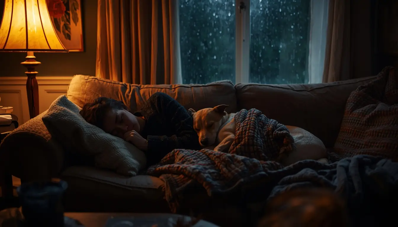 A person asleep on a sofa with a dog resting beside them, warm lamplight filling a calm living room at night.