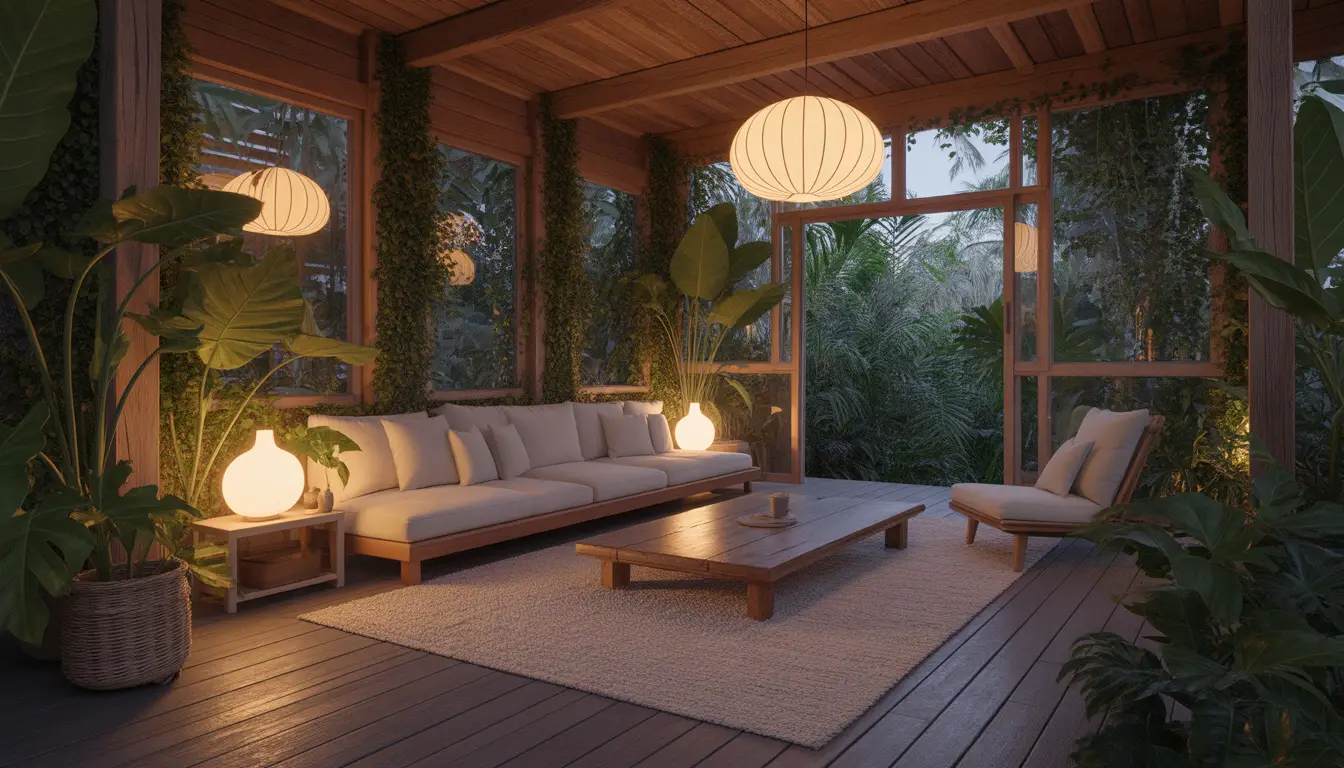 Warm jungle room with soft light and plants, a calm space inviting rest and staying in the body