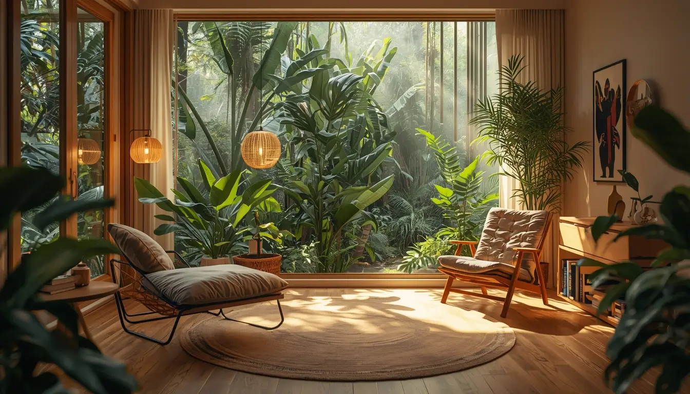 A warm, calm interior with soft natural light, plants, and a quiet space that invites staying