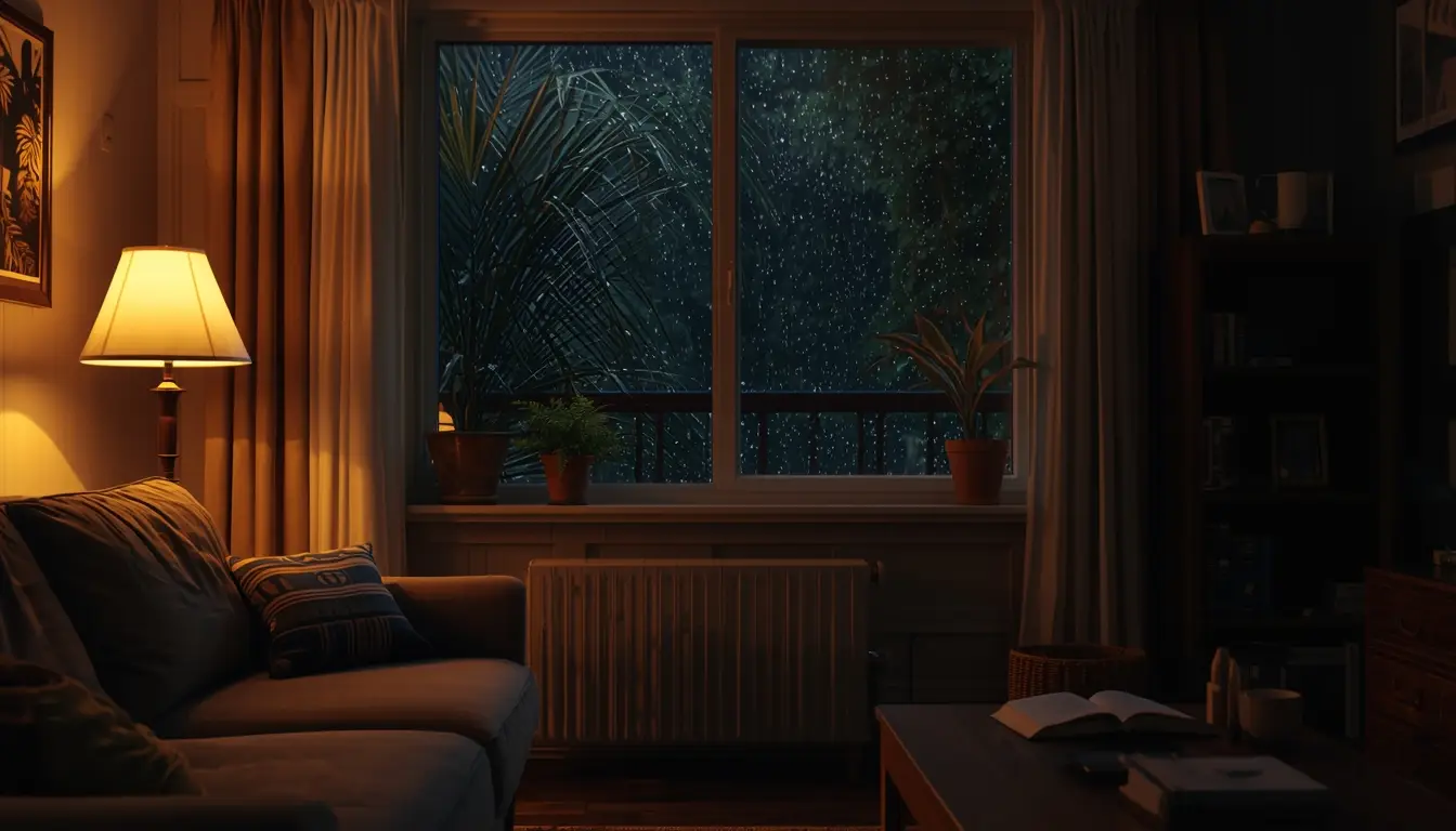 Warm living room at night with soft lamplight and rain on the window, calm interior space that feels safe and contained