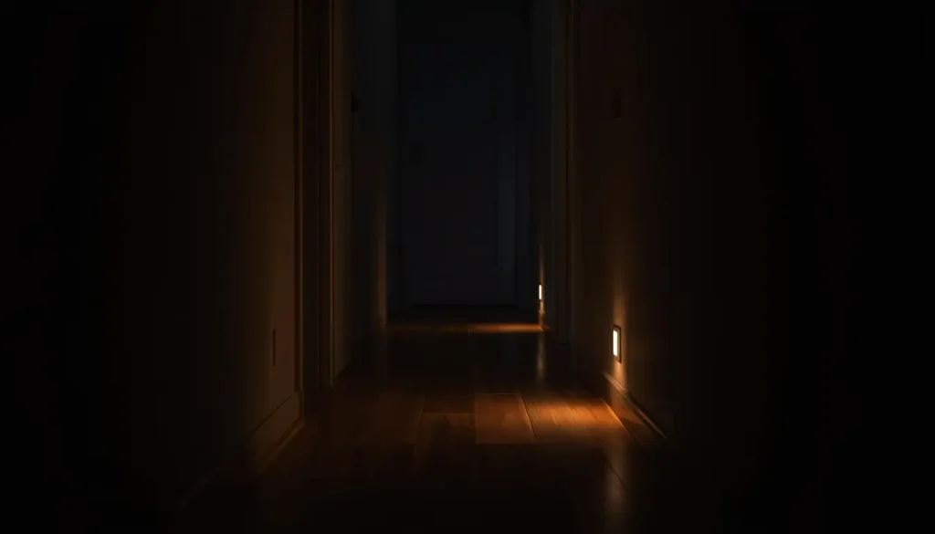 Light That Stays warm floor-level night lights illuminating dark hallway path