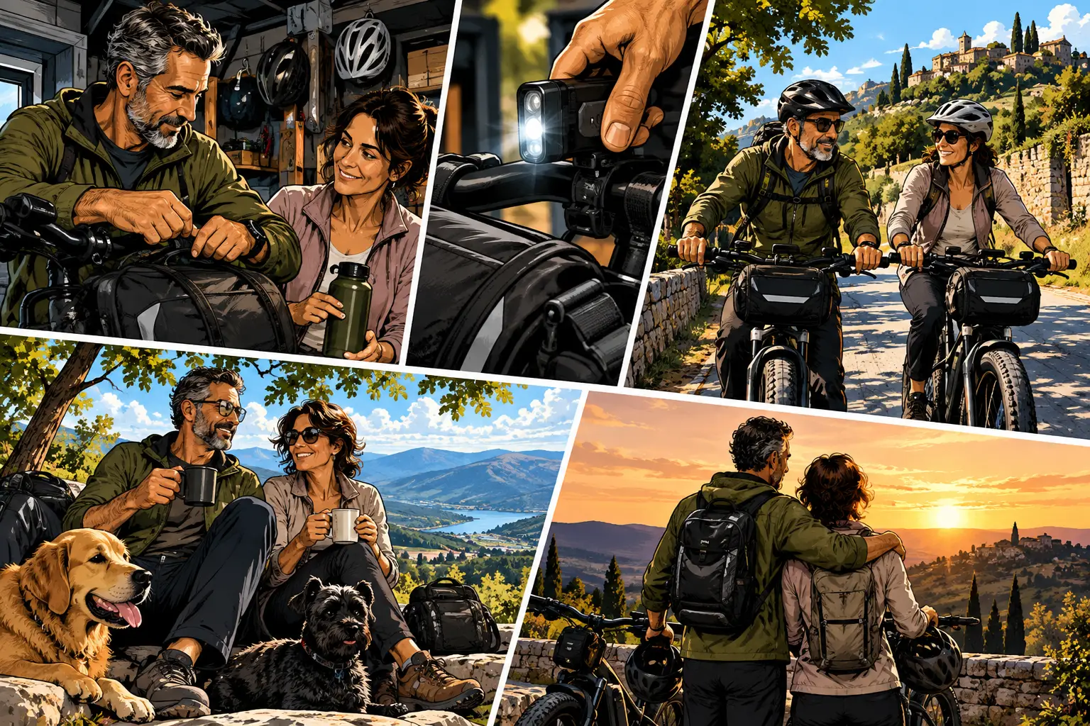 Active Life comic: Dubravko and Sanja with cycling carry gear, lighting and everyday movement support.