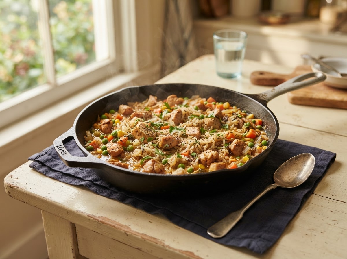 quick chicken and rice skillet with vegetables — low-cost one-pan meal
