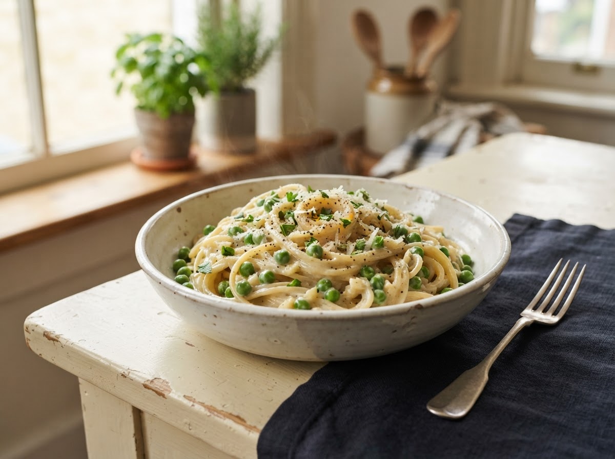 creamy garlic pasta with peas — quick low-cost meal