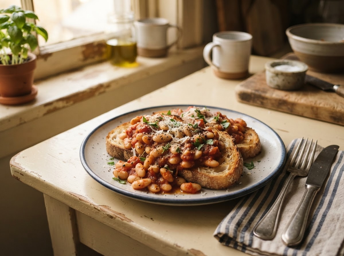 tomato beans on toast — fast inexpensive meal