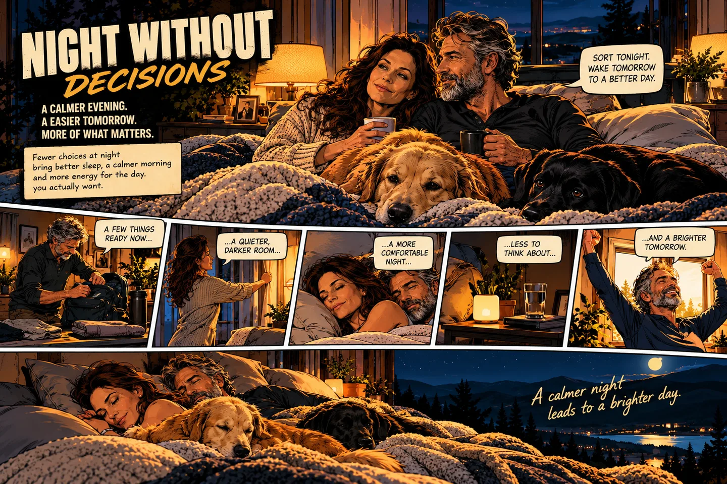 Comic showing a calm evening prepared in advance and an easier morning for a couple with their two dogs
