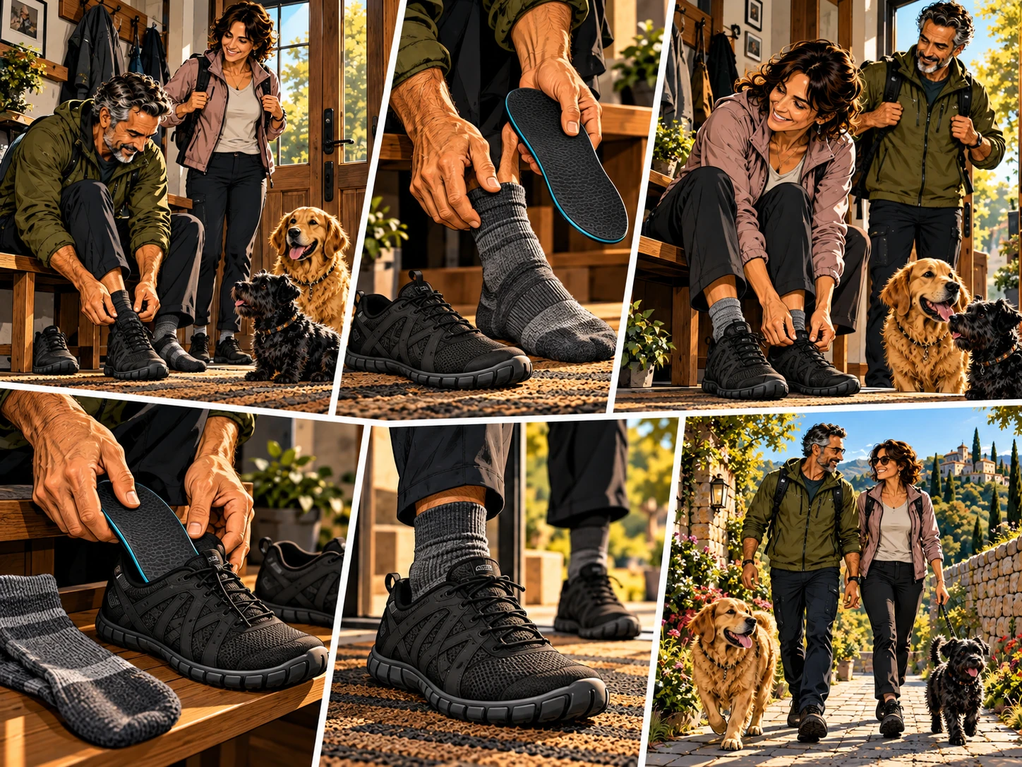 A couple preparing for a comfortable walk with supportive footwear, socks and dogs waiting at the door