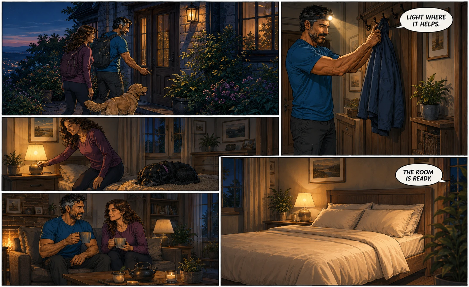 Active Life comic: Duby and Sanja return home to calm light, rest and a ready room.
