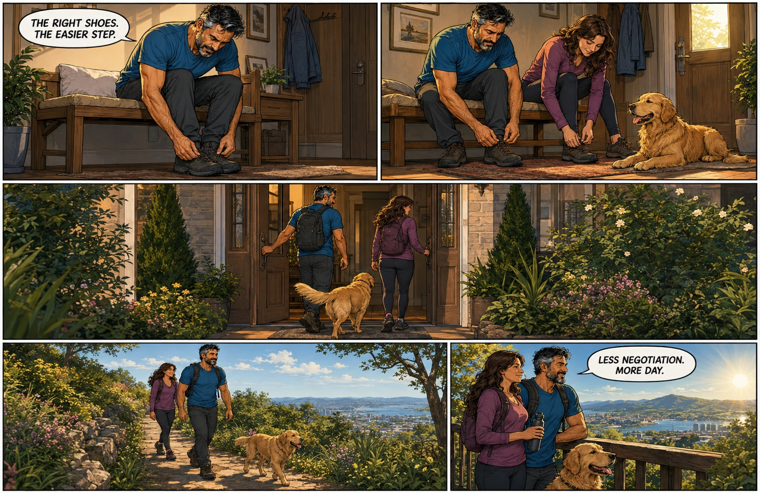Active Life comic: Duby and Sanja begin an easier day with the right footwear and their golden retriever.